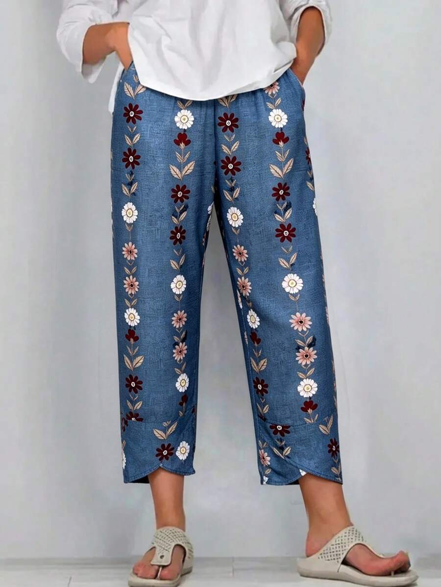 EMERY ROSE Pantalones largos casuales con estampado floral para mujer, nuevos para primavera/verano y vacaciones - Azul lavado medio - Ver 1