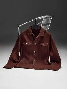 Zorclune Men Loose Fit Long Sleeve Cotton Solid Color Front Button Casual Denim Jacket, For Fall - Coffee Brown - View 4