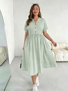 SHEIN Essnce Plus Size Color Block Striped Dress With Pockets, Short Sleeve - Green - View 5