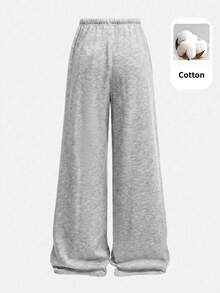 SHEIN Pantalones largos casuales holgados de unicolor de punto para niña preadolescente - Gris - Ver 2