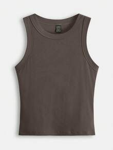 SHEIN BASICS 女款素色圓領螺紋休閒百搭背心上衣 - 灰色 - 查看 8
