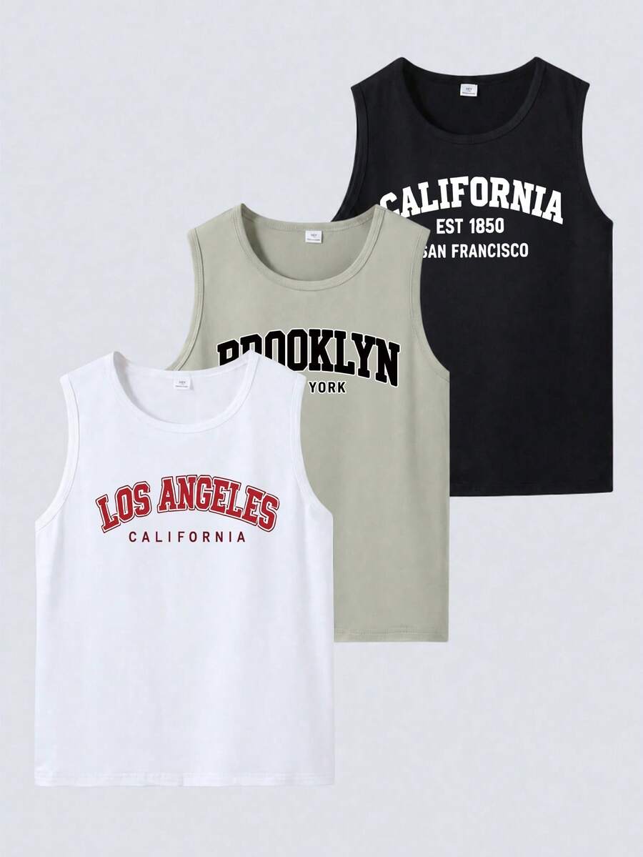 Casuvi Kids 3pcs/Set Boys Casual Y2k Athletic White Sage Green Black And White Multi-Style Printed Pattern Tank Tops Back-To-School School Summer - Multicolor - View 1