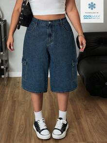 SHEIN ICON Pantalon cargo en jean bleu délavé à jambe droite ample avec grandes poches - Jean brut - Voir 8