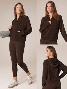GLOWMODE Modal Silk Touch Oversized Long Sleeve Half-Zip Sweatshirt  Spring Summer - Chocolate Brown - View 7