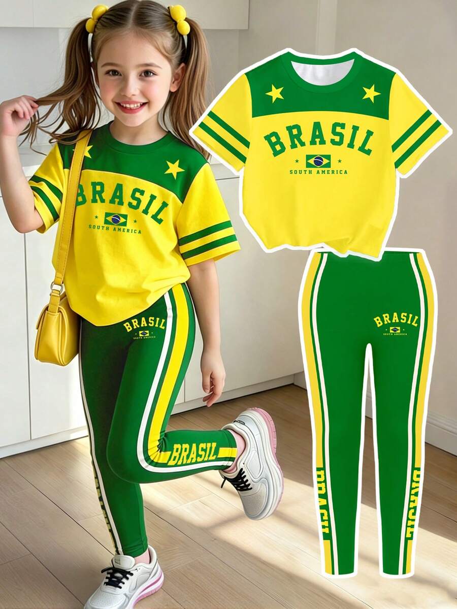 Setelan Kaos Lengan Pendek dan Legging Motif Bintang dan Garis Brasil Warna Kuning Hijau untuk Balita Perempuan, Pakaian Bertema Piala Dunia - MultiWarna - View 1