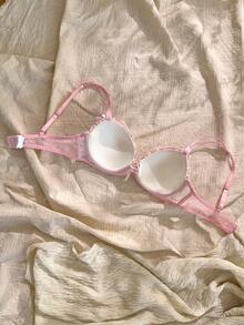CottageSlumber 1pc Cherry Mist Soft Tulle Embroidered Floral Bra - Coral Pink - View 5