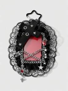 ROMWE 1 Spice Girl Heavy Industries Gothic Black And Red Leather Air Eye Rivets Rhinestone Cross Simulation Heart Chain Lace Lace Card Keychain Bag Pendant - Black and red-13 - View 10