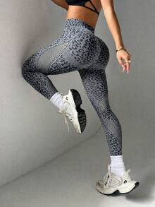 SHEIN Sports 無縫高彈力運動健身瑜珈豹紋網格緊身內搭褲 - 淺灰色 - 查看 2