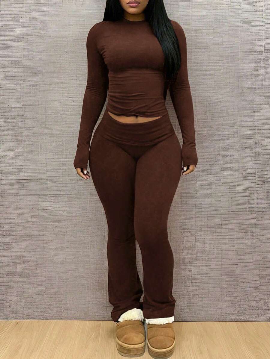 INAWLY Solva Women's Solid Color Long Sleeve T-Shirt And Flare Pants Casual 2 Pieces Set - Coffee Brown - View 1