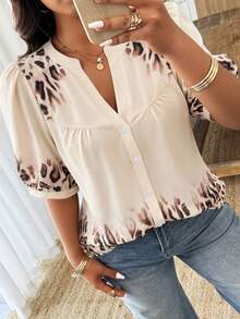 Weeklong Plus Size Women's Spring/Summer Notch Neck Leopard Print Placed Print Contrast Color Casual Vacation Shirt - Multicolor - View 1