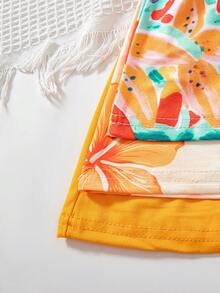 SHEIN Playful Pals 3件/套 嬰兒女童 2025夏季新款無袖吊帶洋裝，滿版花卉印花 & 素色洋裝，田園風，多巴胺配色，時尚可愛 - 橘色 - 查看 7