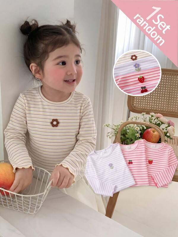 Girls Toddler Comfortable Soft Colorful Striped Cherry Pattern Floral Pattern Strawberry Pattern Embroidered Patch Decor Round Neck Long Sleeve Hemmed T-Shirt Random 1pc