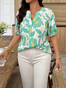 Weeklong Plus Size Women's Spring/Summer Notched Neck Elastic Cuff Botanical Print Casual Vacation Shirt - Multicolor - View 1