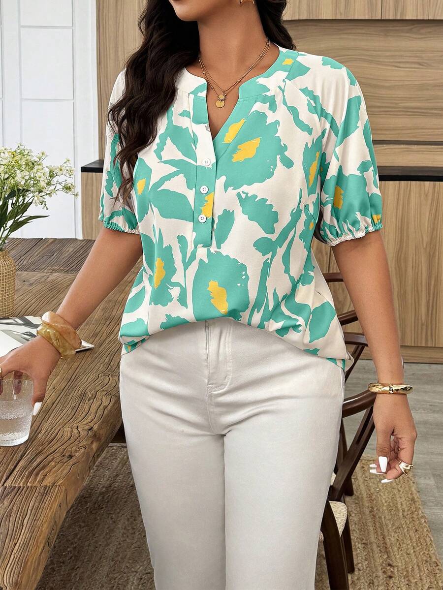 Weeklong Plus Size Women's Spring/Summer Notched Neck Elastic Cuff Botanical Print Casual Vacation Shirt - Multicolor - View 1