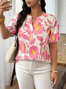 Weeklong Plus Size Women Spring/Summer Notched Collar Elastic Cuff Botanical Print Casual Business Casual Traditional Vacation Shirt Office Evening Pastel Pink - Multicolor - View 5