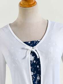 SHEIN 2piezas/Set Top de cárdigan de punto acanalado con decoración de lazo casual para primavera/otoño y vestido elegante simple de tirantes finos con estampado tejido para adolescentes - azul real - Ver 5