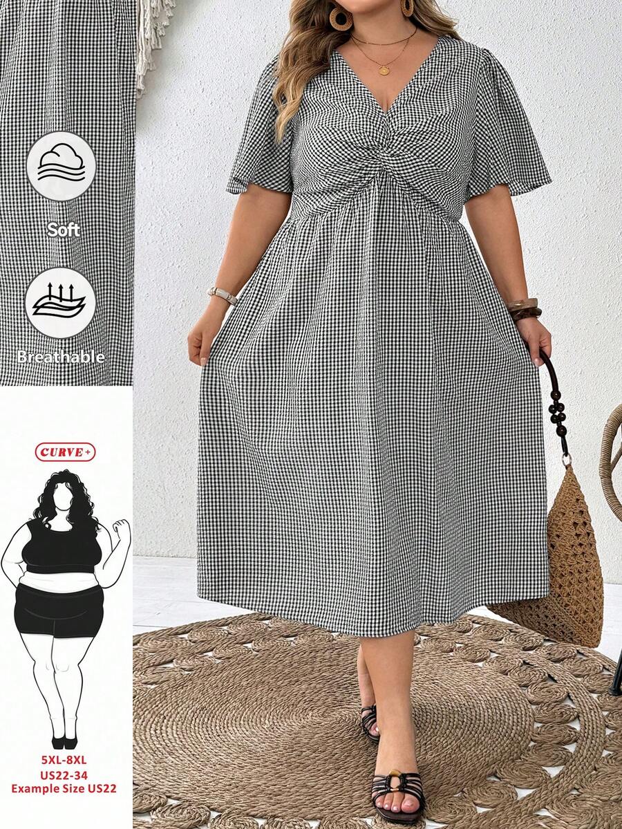 SHEIN CURVE+ فستان نسائي مقاس كبير بطبعات زهور وكسرات وأكمام قصيرة كاجوال للعطلات، ملابس نسائية صيفية