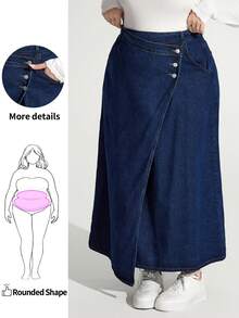 SHEIN Unity Jolene.Mendez Plus Size Casual Sweet Loose A-Line Blue Denim Mini Skirt, For Apple Rounded Body Shape - Dark Wash - View 1