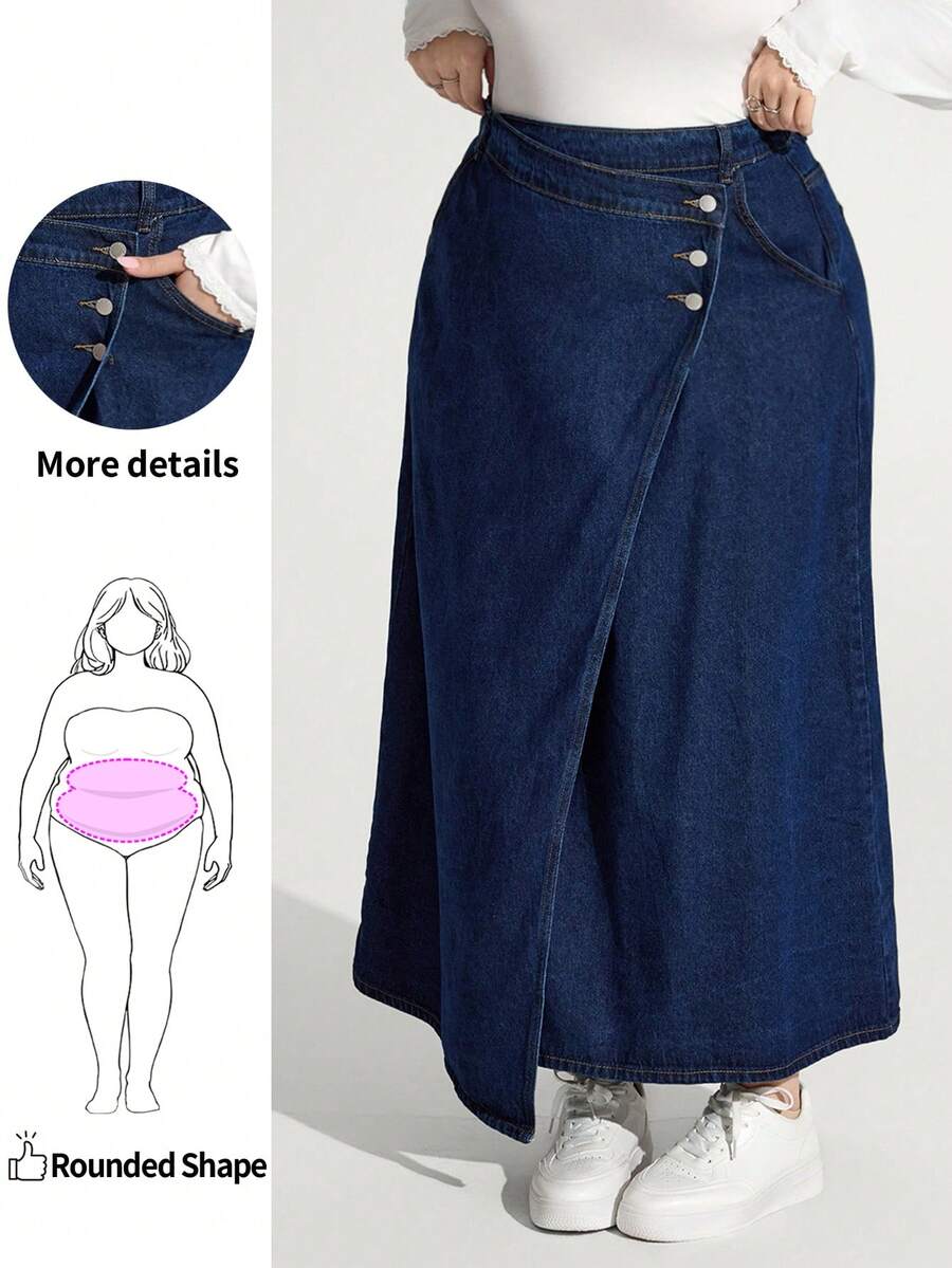 SHEIN Unity Jolene.Mendez Plus Size Casual Sweet Loose A-Line Blue Denim Mini Skirt, For Apple Rounded Body Shape - Dark Wash - View 1
