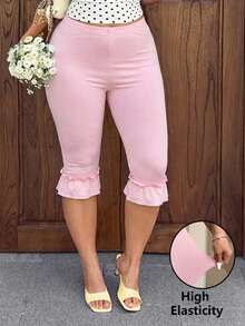 GalTyme Plus Size Women's Solid Color Ruffle Hem 3/4 Length Leggings Vacation Pink Summer - Pink - View 4