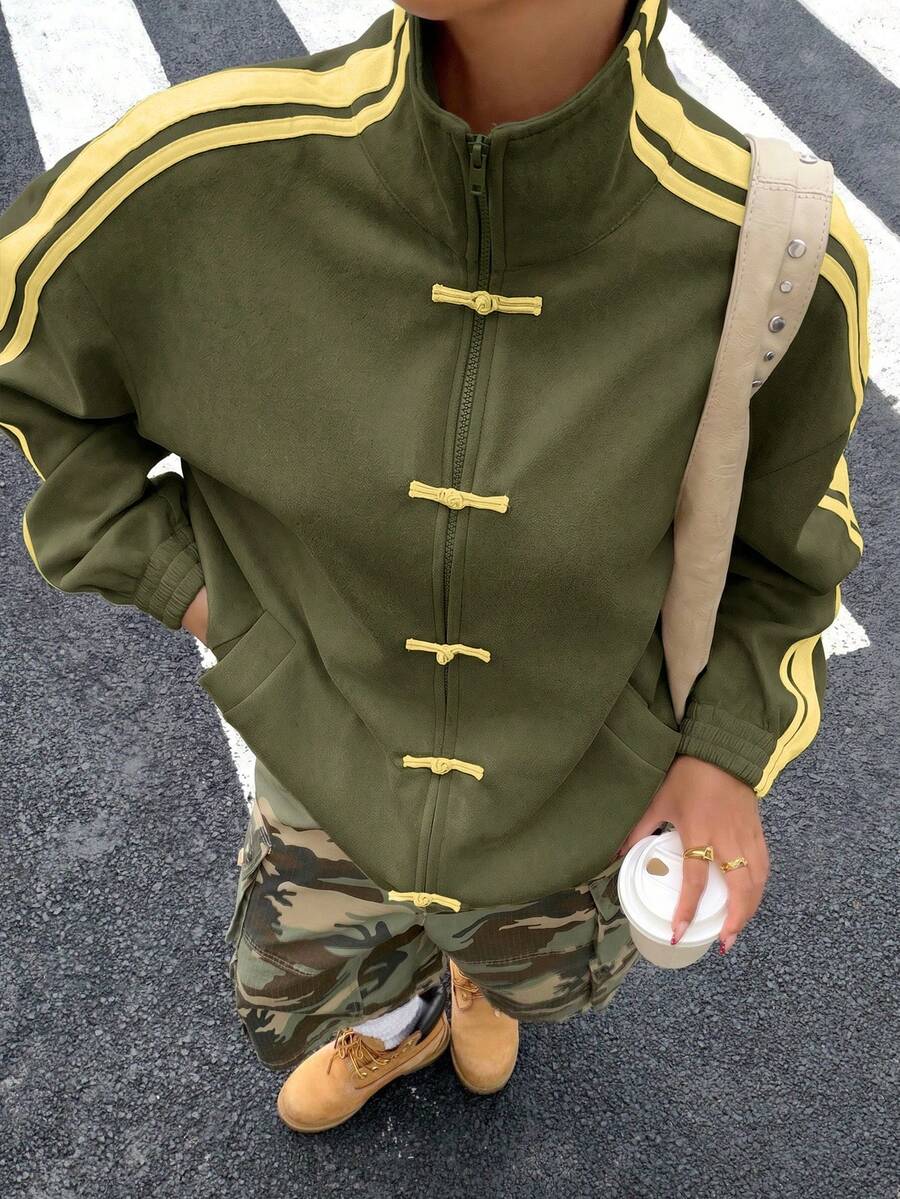 Muchica Army Green Knit Suede Women's Frog Button Design Thin Jacket - Army Green - View 1