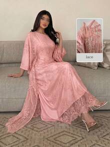 Yasveil Elegante türkische Tunika & arabische traditionelle Tunika für Damen mit Spitzenbesatz, gefüttert, Schnürung an der Taille, langen Ärmeln und ausgestelltem Schnitt - Pink - Übersicht 2
