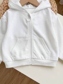 Baby Girl Zipper Front Solid Color Long Sleeve Pocket Hooded Sweatshirt - White - View 3