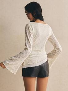 Poéselle Women's Floral Print Slim Fit Versatile Daily Wear Bell Sleeve T-Shirt - White - View 2