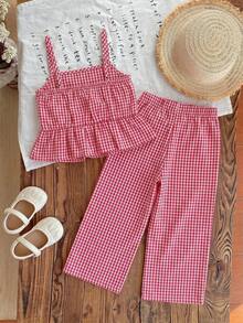 SHEIN Young Girl Camisole Ruffle Strawberry Pattern Top Plaid Long Pants Tank Top Set - Red - View 4