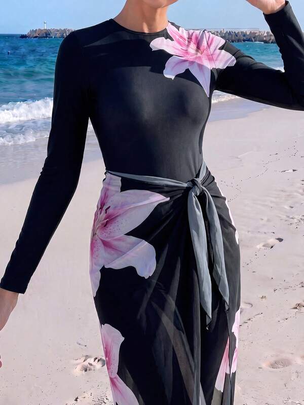 Veilorie Conjunto de burkini para mujer con estampado floral, manga larga, pantalones largos y falda cubierta para vacaciones
