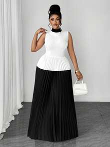 Maweii Black And White Color Block High Neck Sleeveless Pleated Long Evening Gown, Waist-Defining Slimming Formal Banquet Full Skirt Dress - Black and White - View 1