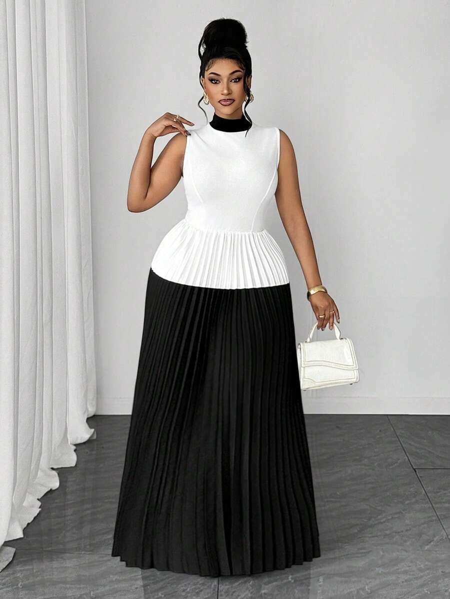 Maweii Black And White Color Block High Neck Sleeveless Pleated Long Evening Gown, Waist-Defining Slimming Formal Banquet Full Skirt Dress - Black and White - View 1