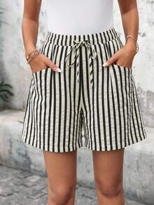 EMERY ROSE Women's Plus Size High Waist Beige Shorts Beach Vacation Vacation Summer Casual Boho - Black and White - View 7