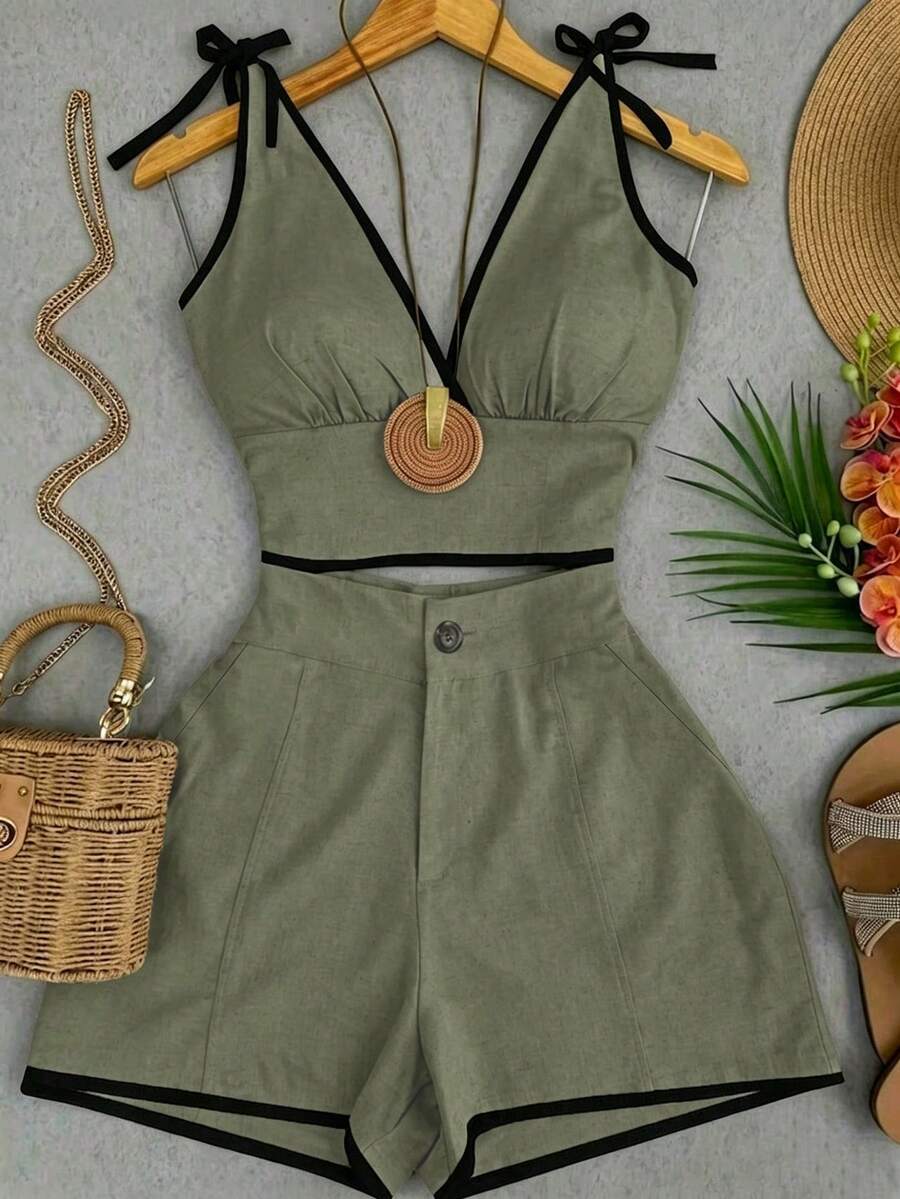 SHEIN Franclia 夏季新款V領細肩帶上衣與短褲女款兩件套