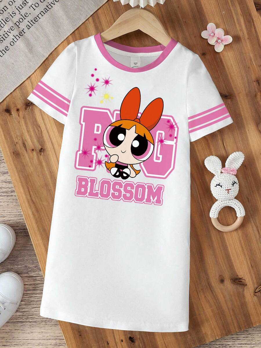 THE POWERPUFF GIRLS X SHEIN Young Girl Cartoon All-Over Print Round Neck Contrast Trim Cute Short Sleeve Dress - White - View 1