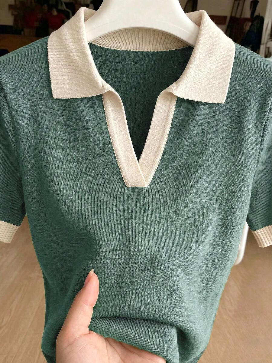 Franclia 女款春夏對比色簡約學院風休閒 Polo 領短袖修身針織上衣,適合日常穿著、度假、優雅 - 青碧色 - 查看 1