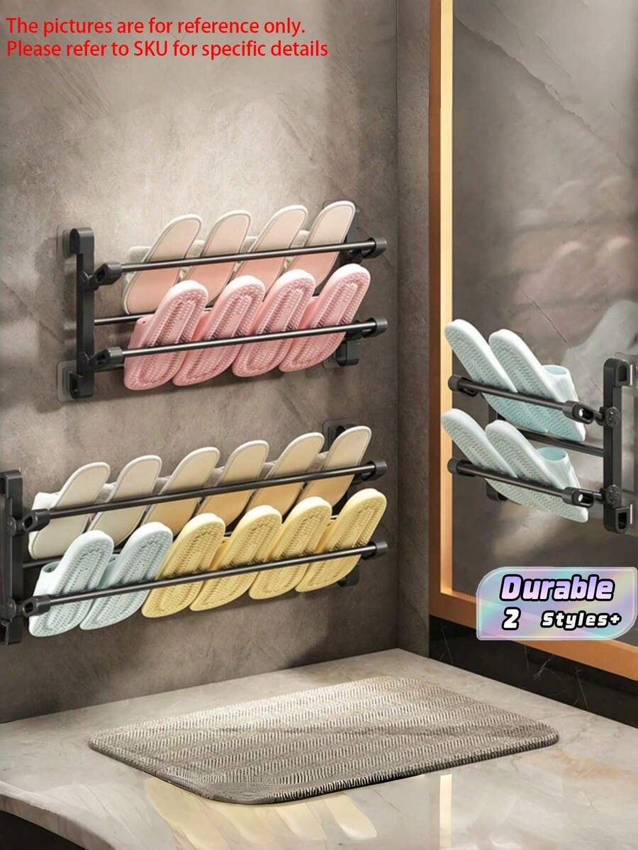 Wall-Mounted Slipper Rack, No Drilling Required, Double-Layer Bathroom/Toilet Shoe Storage Rack With Drainage Function, Space-Saving Folding Design. - Black - View 1