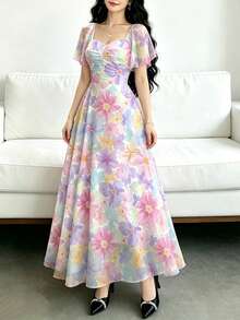 Modelyn 彩色花卉印花女款優雅法式長洋裝，時尚方領壓褶小荷葉袖設計女裝，夏季收腰長款優雅洋裝，適合夏季度假與日常穿著 - 彩色 - 查看 4