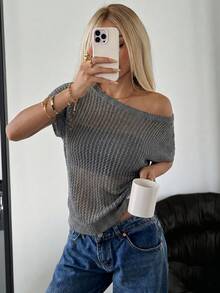 SHEIN EZwear 女款素色極簡休閒鏤空不對稱露肩針織衫 度假灰色夏季款 - 深灰色 - 查看 4