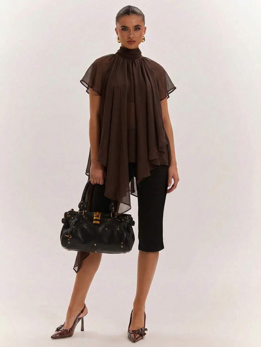 SHEIN BAE Women's Asymmetrical Hem Batwing Sleeve Casual Blouse - Brown - View 1