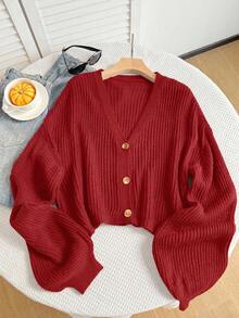 SHEIN EZwear 大尺碼女款紅色單排扣休閒針織開襟外套 - 紅色 - 查看 4