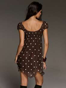 BAD SUNDAY All Seasons Women's Elegant Lace Trim Blue And White Polka Dot Asymmetric Hem Short Sleeve Ruched Mini Dress, Versatile For Commuting And Outings, Y2K Vintage Millennium Hot Girl Style - Coffee Brown - View 2