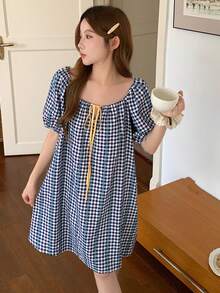 DAZY Vestido de dormir casual diario para mujer con estampado a cuadros y tachuelas, verano - Amarillo - Ver 7