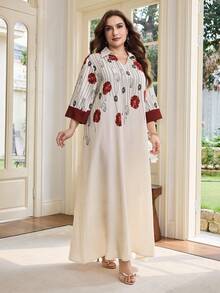 Al Najma Plus Size Women's V-Neck, 3/4 Sleeve, Stand Collar, Sleeve, Front Print, Bubble Texture Fashionable Full Skirt Floral Dress, Printed Arabic Dress - Red - View 6