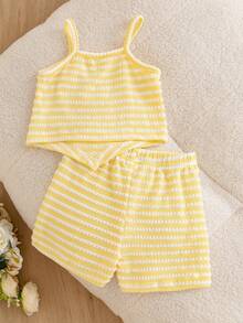 Souflis Souflis Baby Girl Starfish Pattern Yellow Striped Asymmetrical Hem Cami Top And Shorts Set - Yellow - View 3