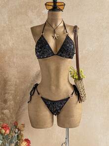 Soleia Vacation Beach Party Sexy Sequin Bikini Set Black Summer - Black - View 3