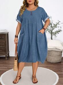 EMERY ROSE Vestido de mezclilla con bolsillos de verano para mujer talla grande - Azul lavado oscuro - Ver 5