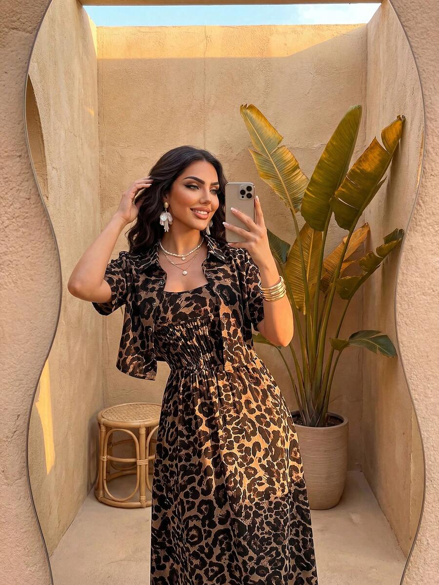 Auveirra 2pcs/Set Women Leopard Print Dress And Leopard Print Blouse Leopard Set Cheetah Print Outfit, For Going Out Vacation - Gold - View 1