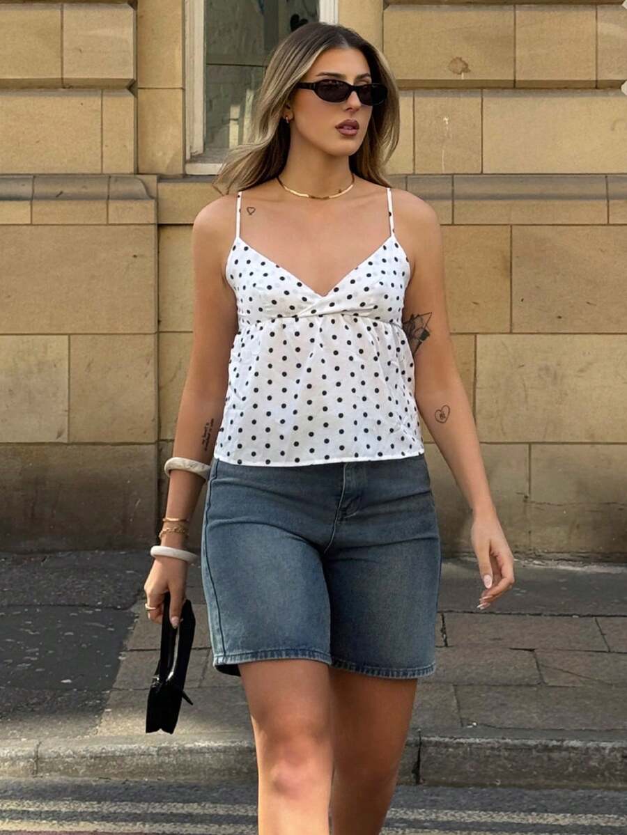 hollyjadebate Women's Casual Vacation Polka Dot Camisole For Going Out, Streetwear, Y2K , Spring/Summer White - White - View 1