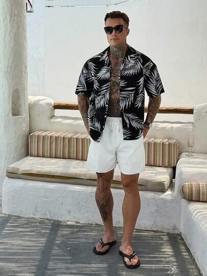 DAZY Men's Long Sleeve Top And Shorts Beach Outfit, Floral All-Over Print Vacation Summer
